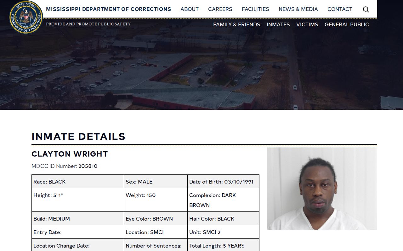 Humphreys County inmate release date field on an MDOC offender detail