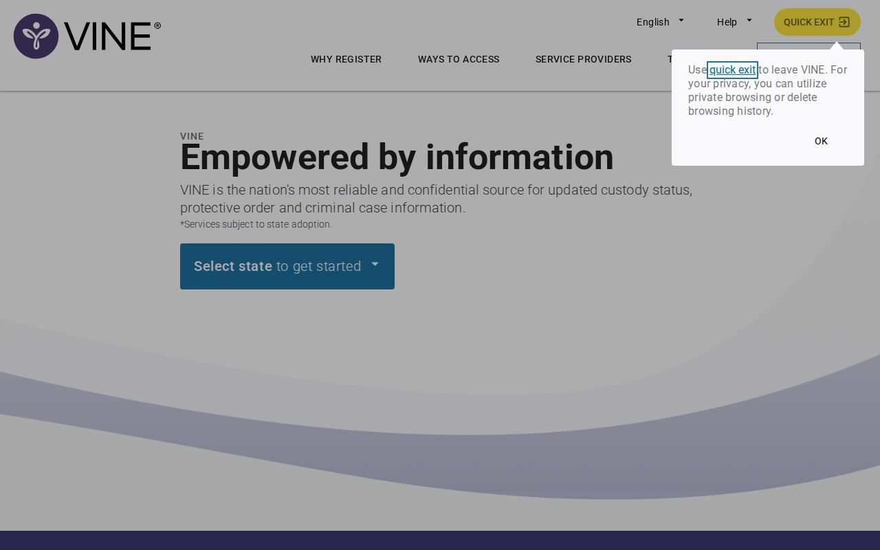 Humphreys County VINELink release check and notification registration screen